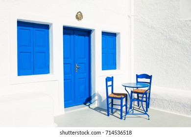 White-blue National Greek Architecture On Santorini Island, Greece.