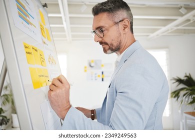 Whiteboard, sticky notes and businessman planning in office brainstorming for a corporate project. Professional, analysis and mature male lawyer writing ideas or information for strategy in workplace - Powered by Shutterstock - Get 15% off with code: PIKWIZARD15
