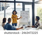 Whiteboard, woman and brainstorm in boardroom, idea and strategy for planning in office. Management, project or vision for business and startup, communication or explain or feedback for female person