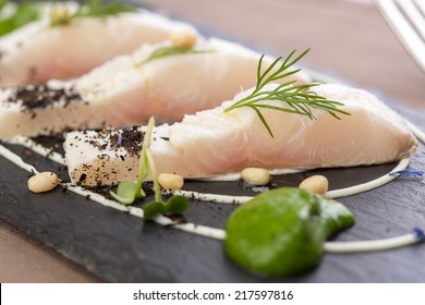 Whitefish Fillet Served On Stone Plate. Close Up