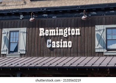 Whitefish, Montana - August 13, 2021: Sign For The Remington Casino, Located In The Downtown Area