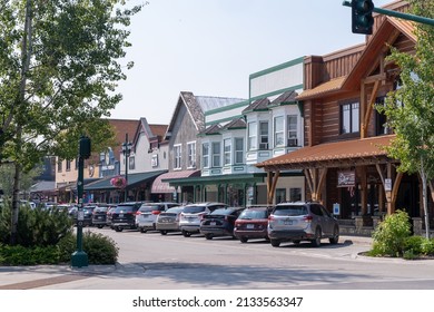 Whitefish, Montana - August 13, 2021: Shops and businesses of Whitefish Montana's downtown area