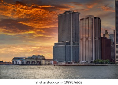 Whitehall Ferry Terminal Docks On The Way From Staten Island NY NJ USA In Sunset View