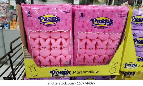 WHITEHALL, PENNSYLVANIA, US - January, 25, 2020: Iconic Peeps Candies Like These Pink Marshmallow Bunnies Fill Store Shelves Literally Months Ahead Of The Easter Holiday.