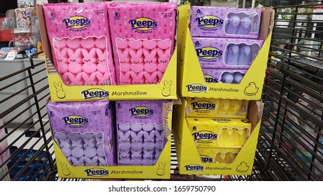 WHITEHALL, PENNSYLVANIA, US - January 25, 2020: Pink, Purple And Yellow Marshmallow Candies For The Easter Holiday Marketed Under The Brand Peeps Crowd Shelves In The Lehigh Valley.