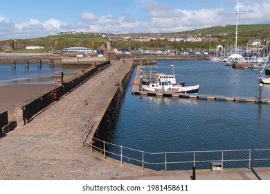 Whitehaven UK Harbour Wall With Boats Cumbria Coast Near The Lake District