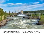 Whitehorse Hydro Plant on the Yukon River in Whitehorse, Yukon Territory, Canada. With high water level in mid-June.