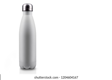 White-matte, empty stainless thermo water bottle close-up isolated on white background. Studio photography