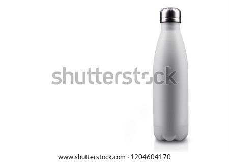 White-matte, empty stainless thermo water bottle close-up isolated on white background. Studio photography