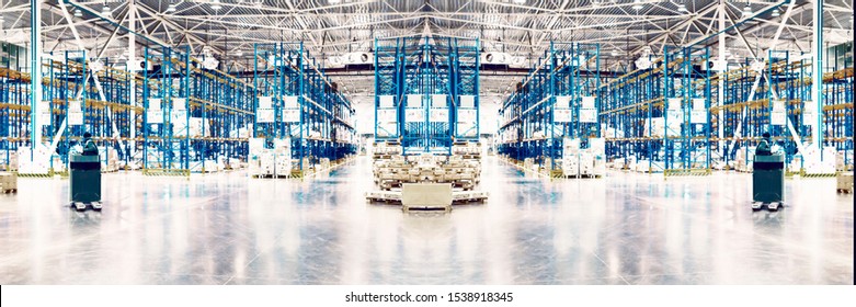 Whitened wide panoramic collage of typical storage, warehouse interior. Selective focus. Copy space.