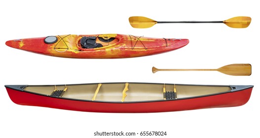 Whitewater Kayak, Tandem Canoe And Paddles Isolated On White