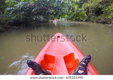 A whitewater kayaker while wave on the river in Satun province, Thailand.