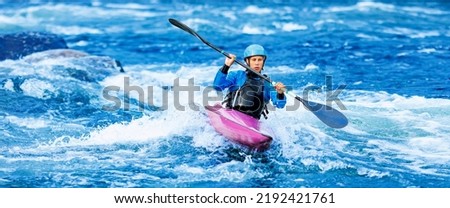 Whitewater kayaking banner, extreme sport rafting. Young woman in kayak sails mountain river.