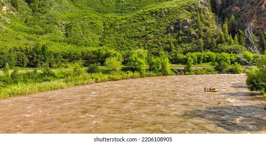 Whitewater Rafting Along The Colorado River And The Canyon, Aerial View From Drone