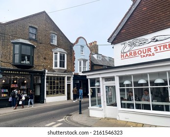 Whitstable, UK - 01.05.2022. High Street View In Whitstable Old Town View, Charming Shops, Cafes In Brick Buildings. Kent, England. Road. Popular Street View Small Local Businesses, Shops, Restaurants