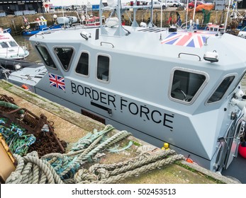 WHITSTABLE, UK - OCT 21 2016.  A British Border Force Control Vessel In Whitstable Harbour. There Have Been Reports Recently Of Concerns Of Illegal Immigration On The Kent Coast.