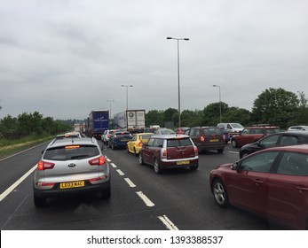 Whittington, Worcester / England UK - 26th May 2018: Traffic Jam On  M5 Motorway. Bumper To Bumper. Long Delays. Bank Holiday Weekend