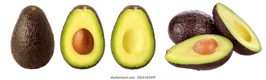 whole avocado with sliced ​​avocado and in various presentations avocado with seed isolated on white background png high resolution professional photography high quality macro fruit