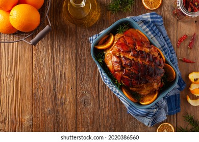 Whole Baked Ham. Cut Thick Skin. Marinated In Oranges And Honey. Top View.