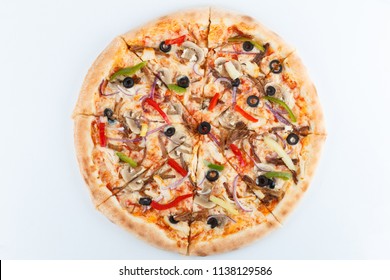 Whole Baked Pizza Isolated On White Background. Top View