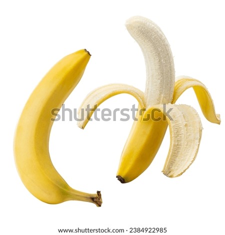 a whole banana and half peeled banana isolated on white background. 