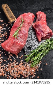 Whole Beef Tenderloin Meat, Raw Tender Loin On Butcher Table. Black Background. Top View.