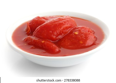 Whole Canned Tomatoes In White Dish. Isolated.