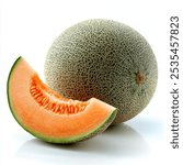 A whole cantaloupe melon and a slice of cantaloupe melon on a white background.