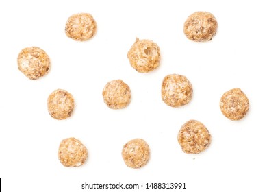 Lot of whole chocolate ball breakfast cereals flatlay isolated on white background