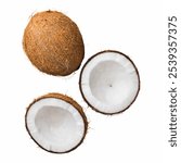 A whole coconut with rough exterior sits alongside two halved coconuts, revealing their creamy white flesh. The bright surface highlights the freshness and tropical theme Isolated on white background