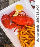 A whole cooked lobster with a lemon wedge, a small container of melted butter, and a serving of French fries, all served in a white takeout container lined with white paper. The lobster is bright red 