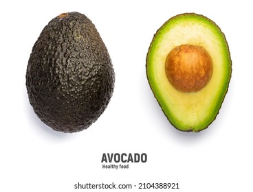 Whole And Cut Black Avocado Hass Isolated On White Background