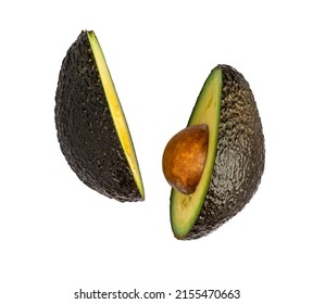 Whole And Cut Black Avocado Hass Isolated On White Background.