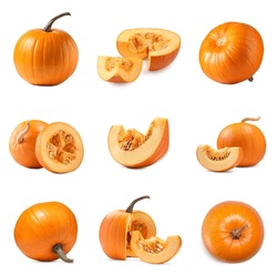 Whole And Cut Fresh Ripe Pumpkins Isolated On White, Set