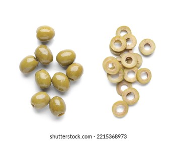 Whole And Cut Green Olives On White Background