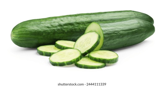 Whole and cut long cucumbers isolated on white