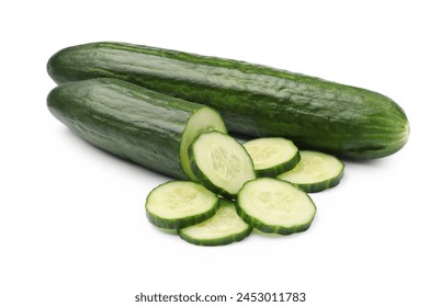 Whole and cut long cucumbers isolated on white