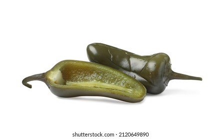 Whole and cut pickled green jalapenos on white background