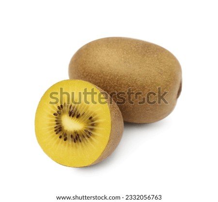 Whole and cut ripe yellow kiwis on white background
