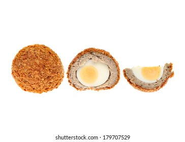 Whole And Cut Scotch Egg Isolated Against White