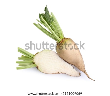 Whole and cut sugar beets on white background