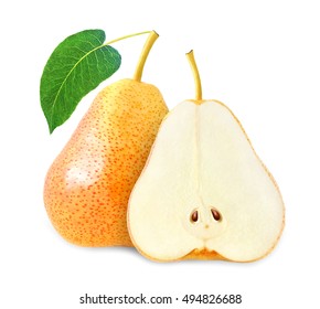 whole and cut yellow pear with leaf isolated on white background with clipping path - Shutterstock ID 494826688