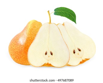 whole and cut yellow pear with leaf isolated on white background with clipping path - Shutterstock ID 497687089