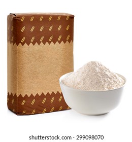 Whole Flour In Craft Paper Bag With Bowl Mockup Or Mock Up Template  Isolated On White Background