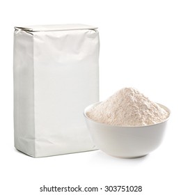 Whole Flour In Craft Paper Bag With Bowl Mockup Or Mock Up Template Isolated On White Background