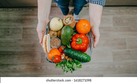 Whole Foods, Plant Based Diet Ingredients In Eco Friendly Zero Waste Packaging. Fresh Raw Food Seasonal Vegetables On Home Kitchen. Vegetarian, Vegan Food Cooking Ingredients.