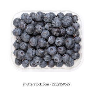 Whole fresh blueberries, in a clear plastic punnet, from above. Dark blue colored, ripe, raw fruits of Vaccinium corymbosum, berries of the northern highbush blueberry. Isolated, close-up, food photo.