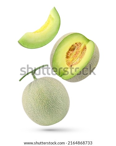 Whole fresh cantaloupe melon with sliced falling in the air isolated on white background.