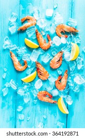 Whole Fresh Prawn And Lemon, Vibrant Blue Table