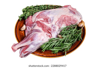 Whole fresh Raw goat shoulder meat on a plate. Isolated on white background - Powered by Shutterstock